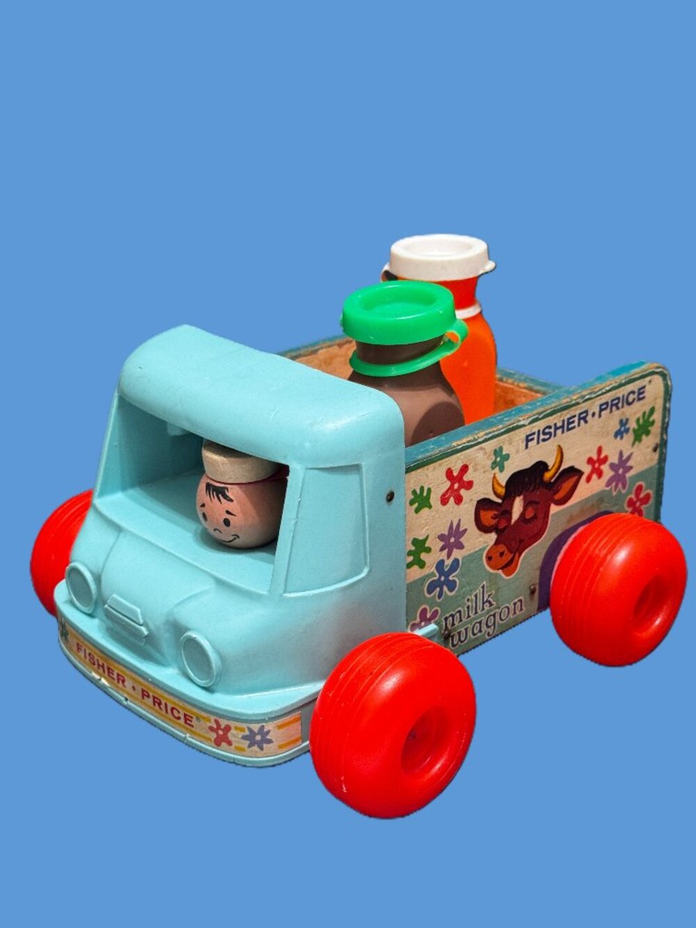 Fisher Price Pull Toy Milk Wagon 131 with Two Bottles, Vintage Circa 1965-1972